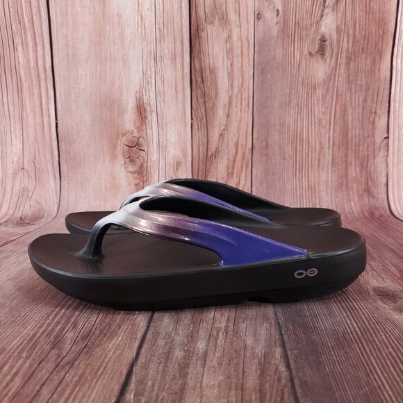 Oofos Oolala Womens 10 Black Calypso Flip Flop Thong Sandals Purple Ombre Fade - Picture 2 of 16